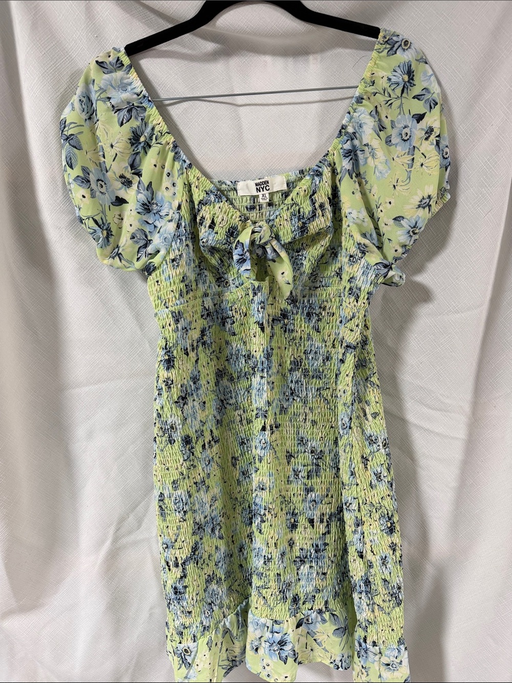 NYC Light Lime & Blue Floral Smocked Puff Sleeve Mini Dress
